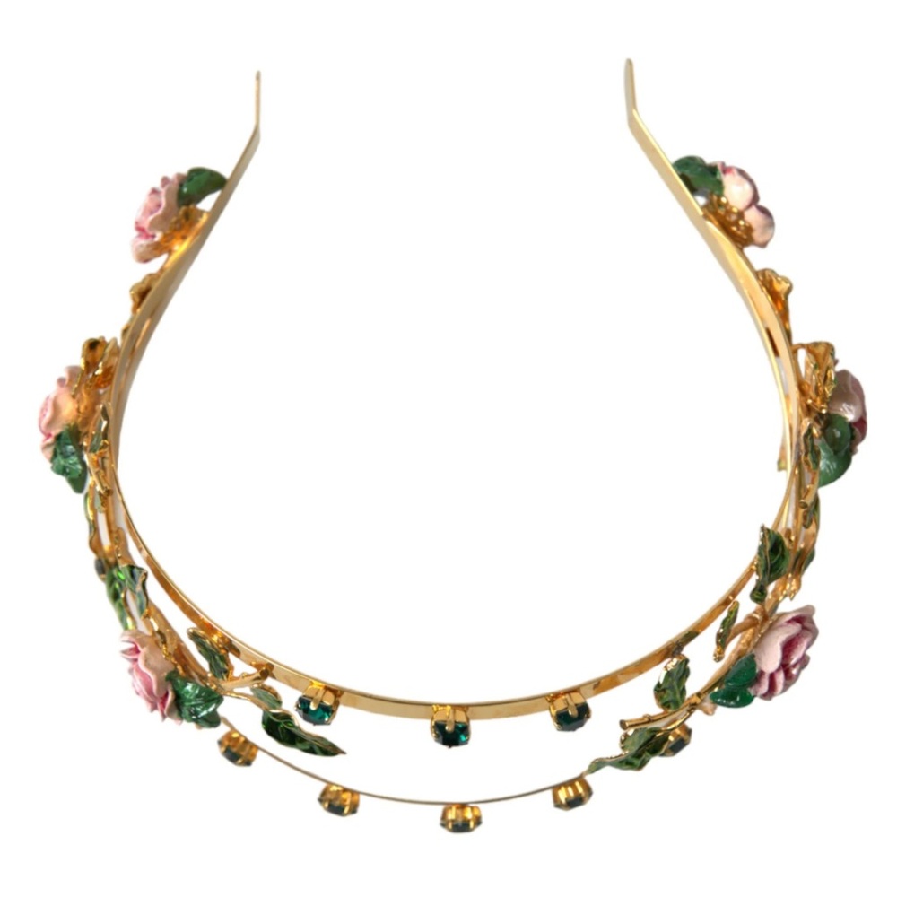 Dolce Gabbana Gold Brass Roses Crystal Embellished Headband Metal Diadem In Box - Picture 6 of 10